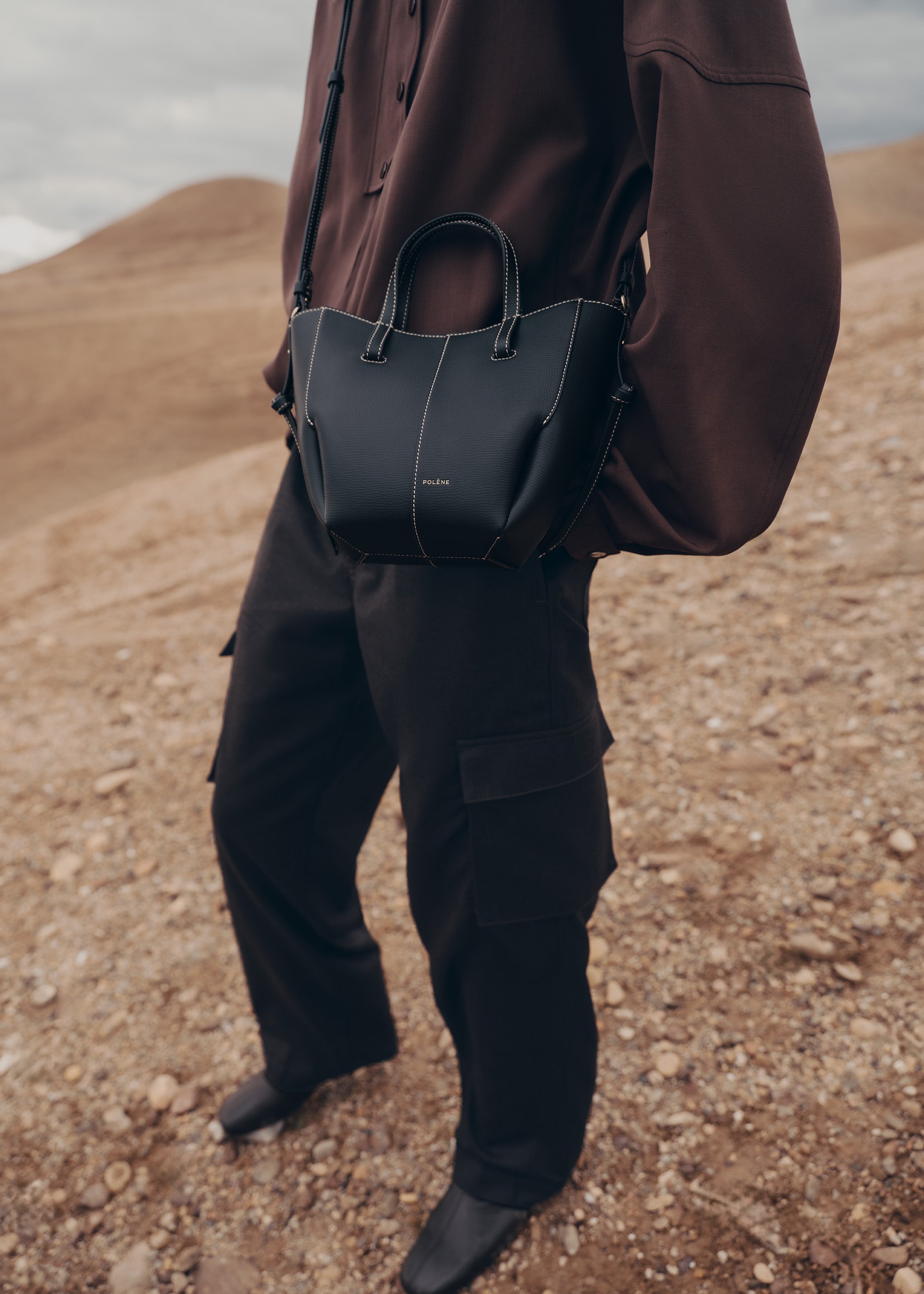 Polène | Bag - Cyme Tote Nano - Textured Black with Ecru Stitching