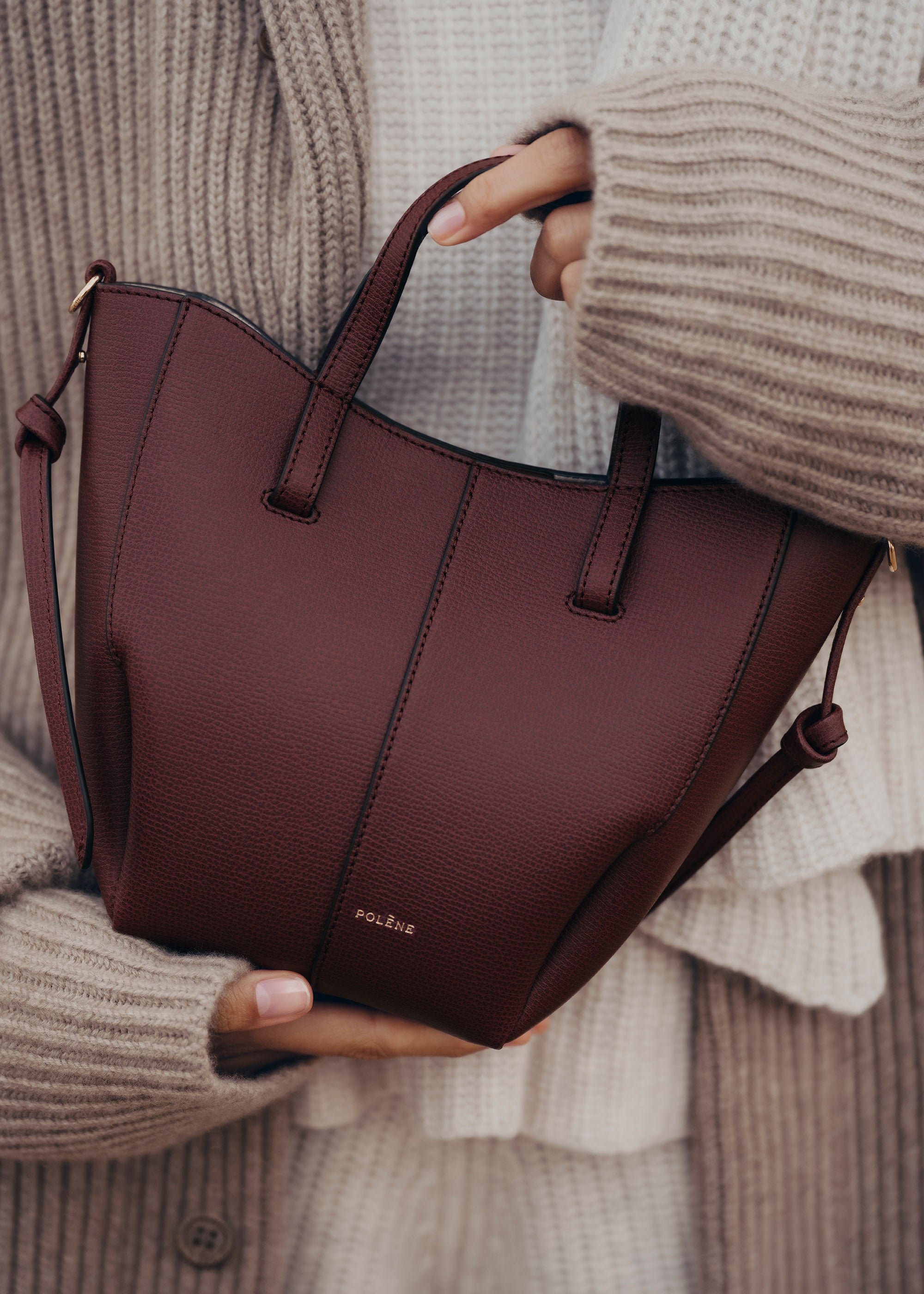 Polène | Bag - Cyme Tote Nano - Textured Black Cherry – Polène EU