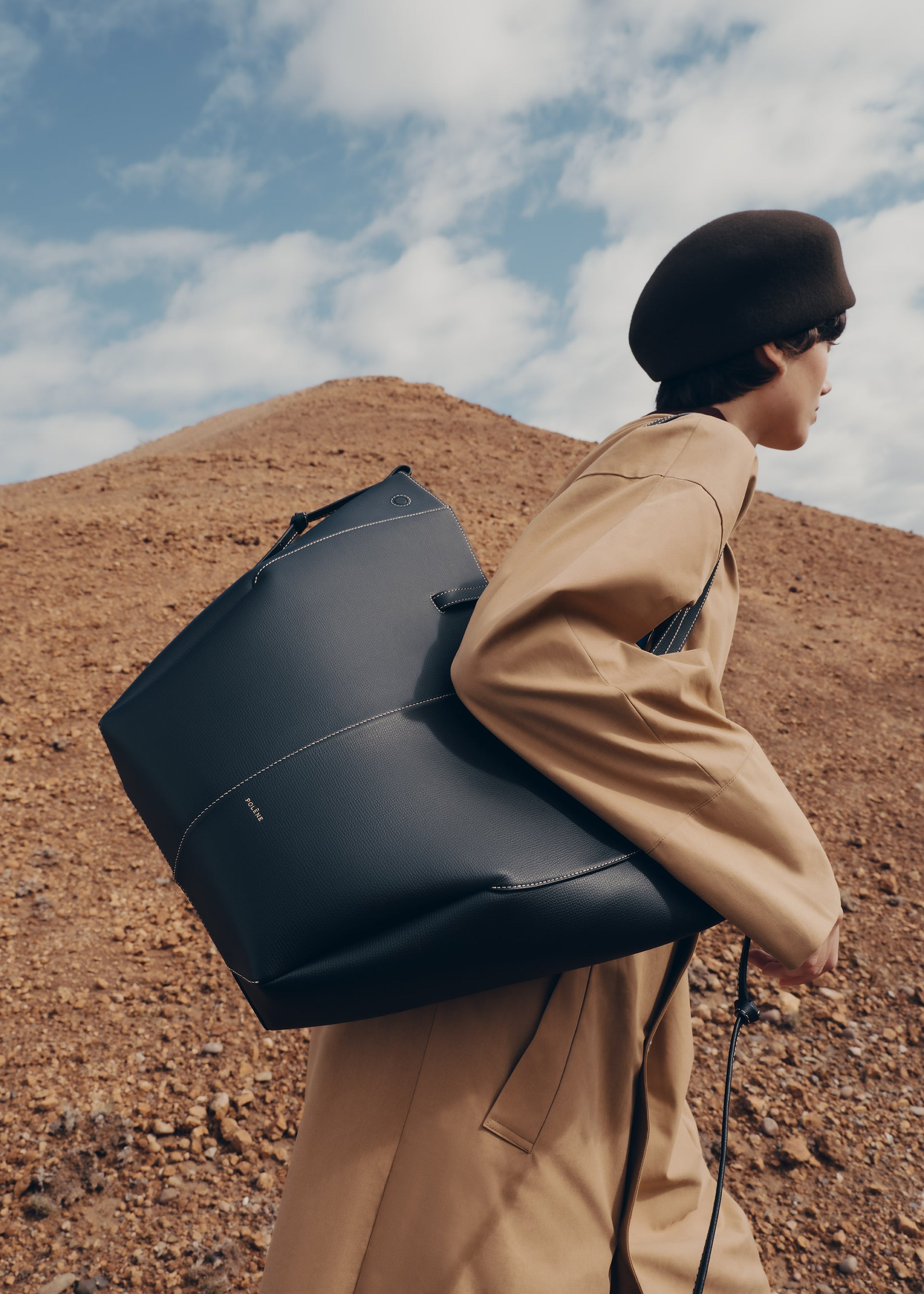 Cyme Tote - Textured Black with Ecru Stitching