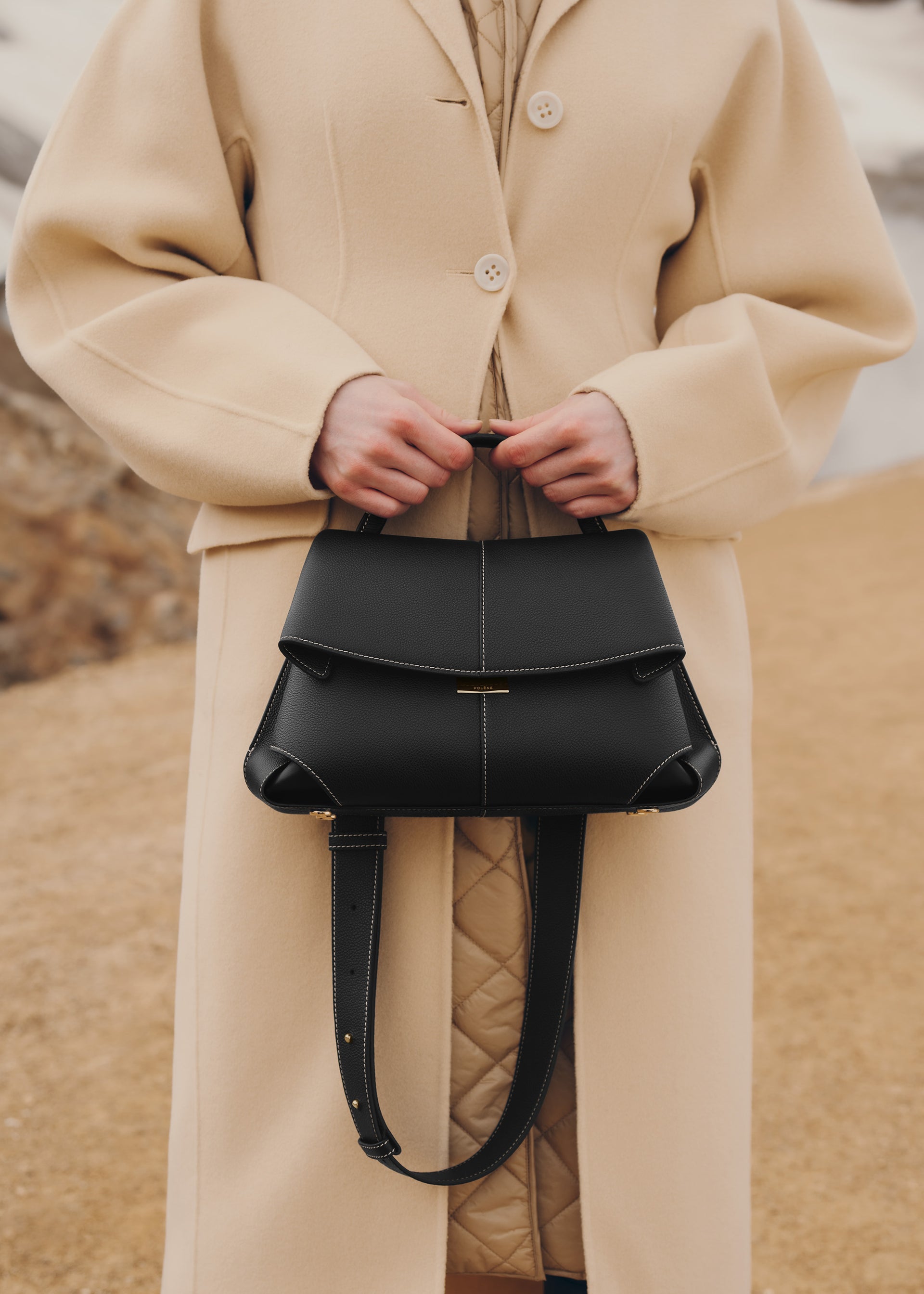 Polène Bag Mokki Textured Black with Ecru Stitching – Polène EU