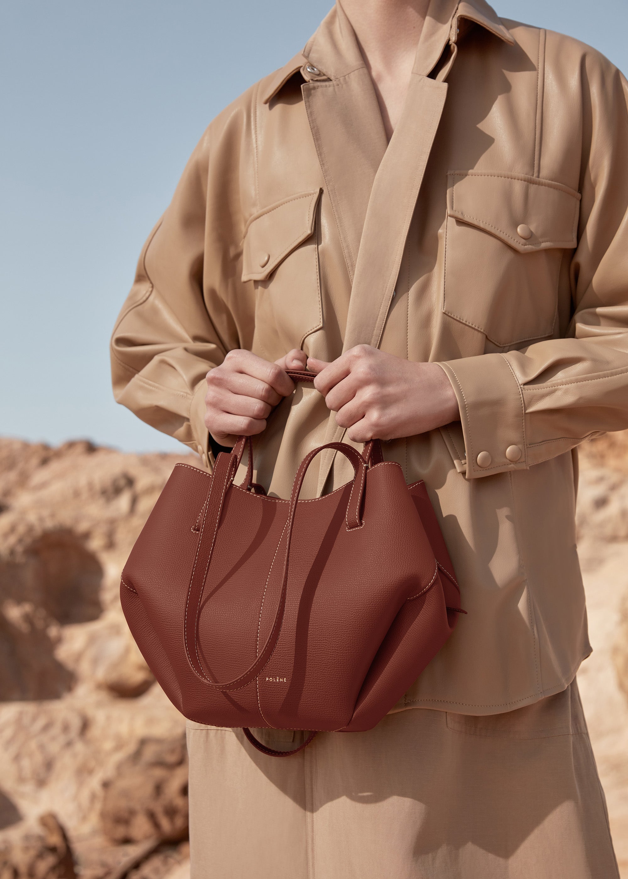 Polene Mini Polène | Bag - Cyme Mini - Textured Cognac – Polène EU